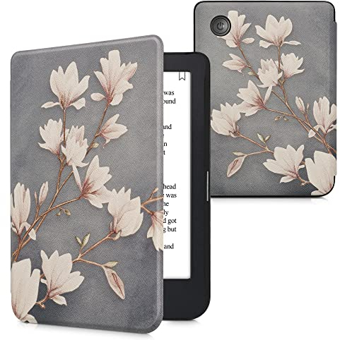 kwmobile Klapphülle kompatibel mit Kobo Clara 2E / Tolino Shine 4 Hülle - eReader Case - Magnolien Taupe Weiß Blaugrau