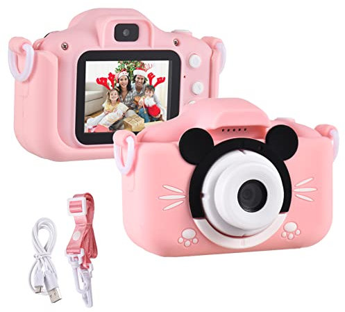 Andoer Cámara Digital para Niños, 1080P 2,0 Pulgadas Camara Fotos Infantil, Cámara para Niños con Correa, Regalos Ideales para Niños Niñas de 3-10 Años, Rosa ratón