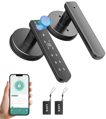 BAFUWEIY Fingerprint Door Lock, Keyless Entry Door Lock with APP Control/Fingerprints/Codes/Keys, Keypad Door Lock with Handle, Smart Door Knob Door Locks for Bedrooms Home Office Apartment