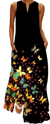 WINKEEY Vestito Lungo da Donna Stampa Floreale Farfalla Elegante Estivo Bohémien Etnico Vestito Taglia Grossa Senza Maniche con Tasca