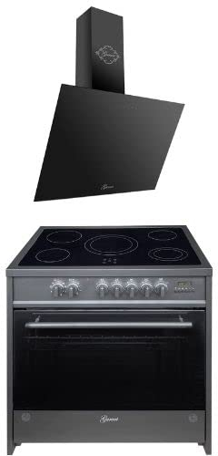 GURARI Herdset Elektro-Standherd GCH E 912 BL + GCH D 286 BL 9 PRIME, Backofen Set 90 cm, 121 L, Schwarz + Dunstabzugshaube 90 cm 1000m³/h Wandhaube in Schwarz Glas, Umluft-/ Ablufthaube