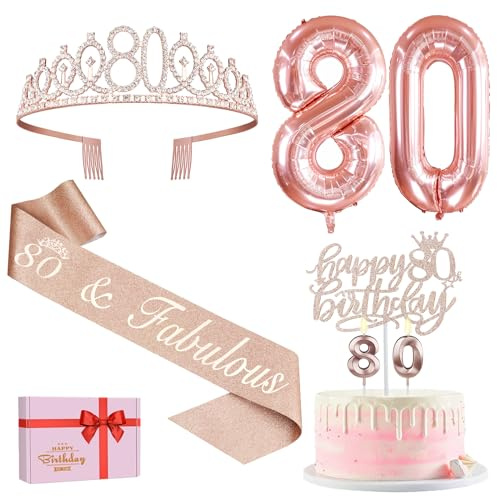 Amosking 80th Birthday Decorations for Women Rose Gold | 80th Birthday Rose Gold Supplies - 80th Birthday Sash, Tiara, Cake Topper, Candles, Balloons, 80 Year Old Gifts for Women