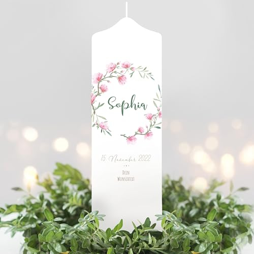 Taufkerze Mädchen Blütenkranz Magnolie rosa pastell bedruckt mit Namen, Datum und auf Wunsch eigenem, vorgegebenem oder keinem Taufspruch, 1 Taufk. + 2 Patenk.