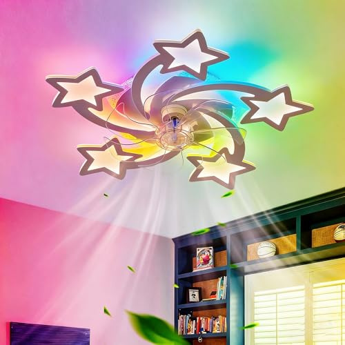 Dfiacn RGB Deckenventilator Mit Beleuchtung Mit Fernbedienung APP, Kind Schlafzimmer Lampe Mit Ventilator Reversibel 6-Gang Dimmbar Deckenlampe Mit Ventilator Speicherfunktion Leise Timing Weiß