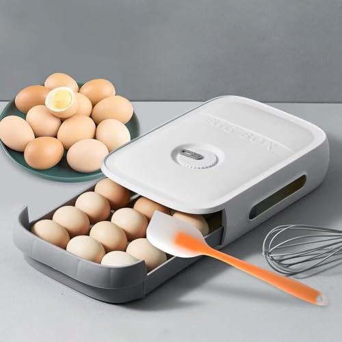 Tiroir à oeufs automatique, boîte à oeufs avec rappel de date, boîte à oeufs de cuisine, 18 oeufs, bac à oeufs en plastique empilable, panier à oeufs pour la fraîcheur du réfrigérateur (blanc)