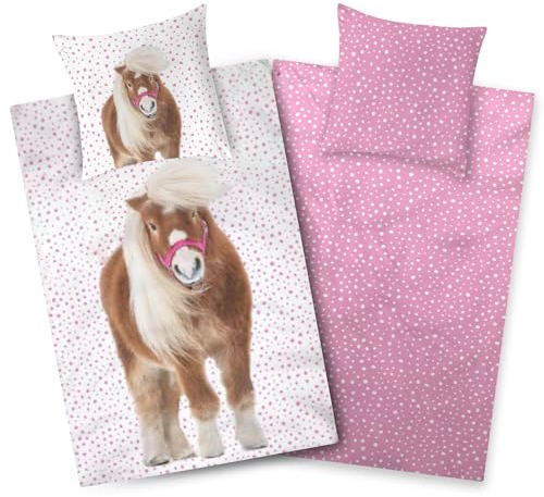 Aminata kids Bettwäsche Mädchen 135x200 Pferd - Kinder-Bettwäsche mit Pferde-Motiv Islandpony - weiß rosa - Reißverschluss Baumwolle Pony