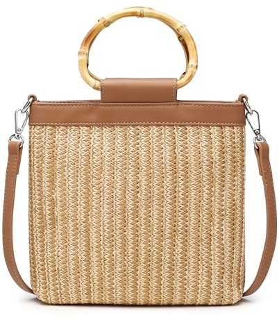 MengH-SHOP Handtasche Sommer Strandtasche Damen Handgewebte Shopper Tasche mit Bambusgriff Frauen Henkeltasche für Damen Reisen und Urlaub, Braun