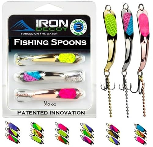 IRON DECOY Spoon Fishing Lures, 3 Pack Fishing Lures Kit, Casting, Trolling, Jigging, Ice, Lake, River, Stream, Freshwater, Trout, Bass, Walleye, Salmon, Crappie, Pike, Trout, 3-Pack