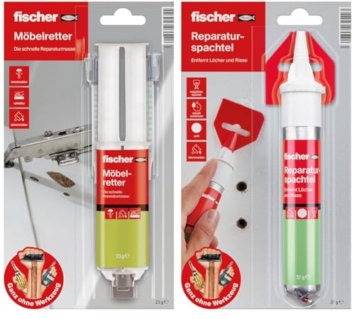 fischer Möbelretter, Holzspachtel in Beige, Reparaturmasse für ausgerissene Scharniere & Dübel & Reparaturspachtel, fertige Spachtelmasse in Naturweiß