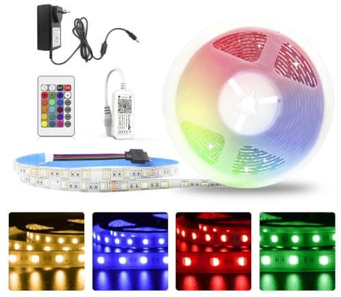5M WiFi RGBW LED Streifen 24V Wasserdicht IP65, LED Strip RGB+Warmweiß 3000K dimmbar mit Controller und Netzteil, 60LEDs/m Farbwechsel LED Band für Innen Außen, Kompatibel mit APP Alexa, Google home