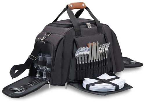 VonShef Picnic Holdall, Extra Large Grey Bag with 6 Person Dining & Cutlery Set, Picnic Travel Bag with Insulated Cooler Compartment, Beach & Camping Accessories