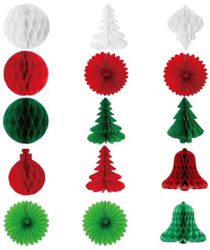 LIANRISES 15pcs Paper Christmas Tree Decorations, 3D Hanging Hat Bell Honeycomb Ball Paper Fans Kit Reusable