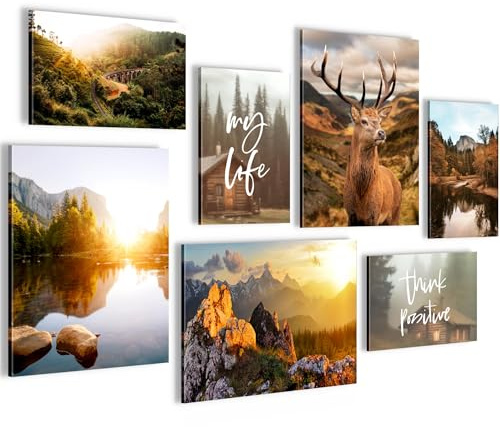 Novart Wandbilder Landschaft Berge Natur - KOMPLETT AUFHÄNGFERTIG - Orange Braun Wohnzimmer Schlafzimmer Flur - 7 Moderne Mood-Bilder - N033071a
