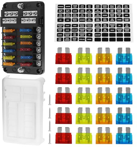 QWORK® 12 Vie portafusibili, scatola fusibili DC 12V, portafusibili con polo negativo, indicatore LED e copertura protettiva, per auto, barca, camion