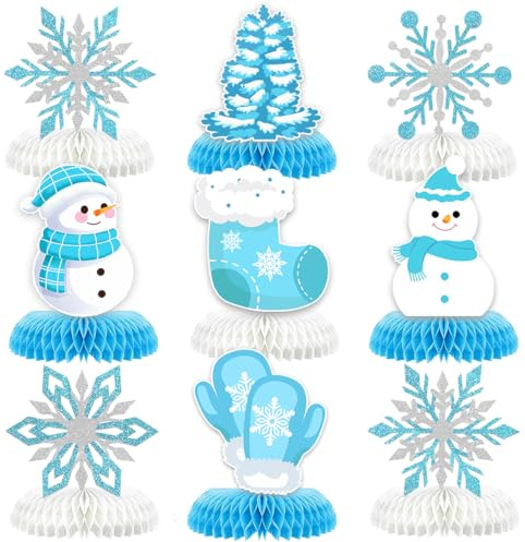 9 Stück Schneemann Deko Bienenwaben, Winter Tischdeko, Schneeflocken Deko Set, Winterdeko 3D für Schneeflocken Deko, Weihnachten Tischdekoration (Schneemann Blau)