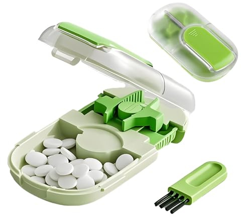 Tablettenteiler, Pillenteiler für Kleine und Große Tabletten, Tablettenschneider mit Zahnrädernfür und Aufbewahrungsfach, Pillenschneider für Schneiden und Aufbewahren von Tabletten, Grün