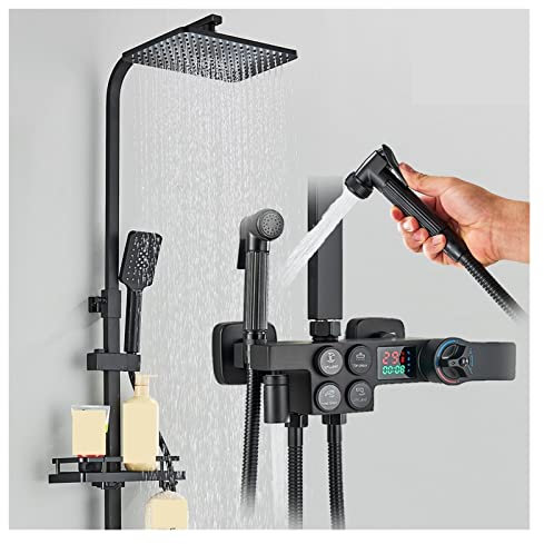 Black and Gold Digital Shower System with Thermostatic Faucet Set Wall Mounted Rainfall Shower System for Bathroom Easy Installation Smart Digital Mixer Tap Hot and Cold Controls