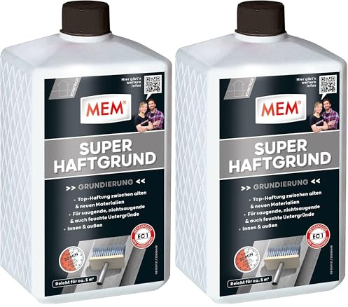 MEM Super Haftgrund, Intensive Untergrundhaftung, Für saugende und nichtsaugende Untergründe, Lösemittelfrei, 1 l, Weiß (Packung mit 2)