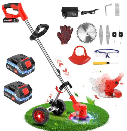 6 Inch desbrozadora electrica, 21v desbrozadora electrica con 2 baterías, Corte de 30 Minutos, Ruedas Ajustables,3 Cuchillas, Mango Ajustable, Tubo telescópico, Cabezal pivotante 90° para jardín poda