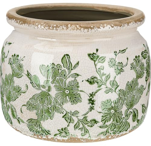 Ninehaoou 7.7 Large Ceramic Plant Pot Beige Green Vintage Floral Crackle Glaze Rustic Flowers Pot Decorative Planter with Drainage for Indoor Outdoor Plants Home Kitchen Office Decor Gift