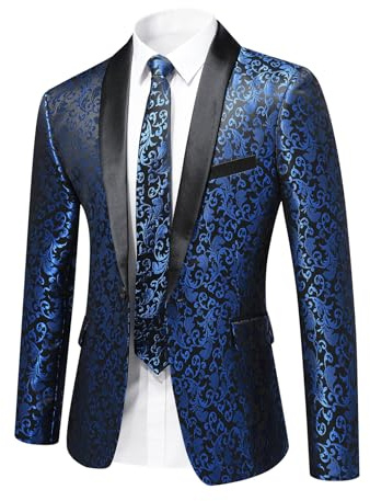 YFFUSHI Blazer Homme Jacquard Paisley Veste de Costume 1 Bouton Smoking Cérémonie pour Mariage, Bleu, XL