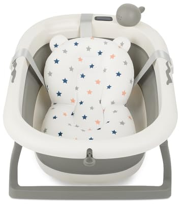 KidzCorner faltbare Baby Badewanne mit integriertem Thermometer und Stützkissen (Grau mit Sternenkissen)