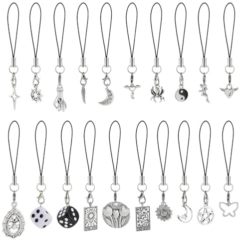PH PandaHall 20 Styles Aesthetic Phone Charms Spiderwebs Hanging Pendants Dice Tarot Cards Mobile Straps Moon Star Flowers Cell Phone Pendants for Decoration Phones Backpack Wallet Keychain