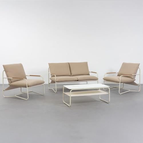 LOLAhome Conjunto de Jardín Vesta con Sofá, Mesa y 2 Sillones, Desenfundable, de Color Beige de Acero y Cristal para Terraza y Exterior