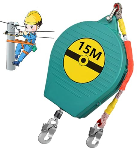 BOVDC Höhensicherungsgerät Absturzsicherung 3-20m, Auffanggurt Absturzsicherung Einziehbar Grün/Gelb, 150kg Absturzsicherung Dachdecker mit CE-Zertifikat(Grün,15 Meter)