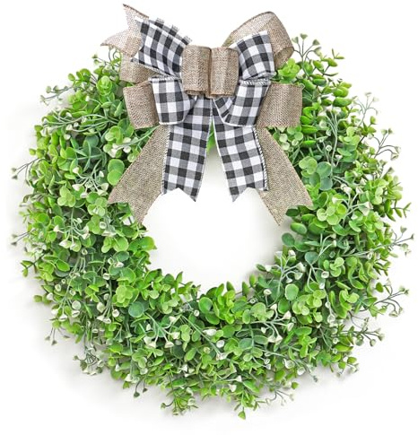 UXORSN Kranz für die Haustür 51cm Große Künstliche Eukalyptus Kranz mit Karierter Schleife Frühlings Sommer Deko Türkranz Grüner Blatt Willkommen Kränze für Drinnen Draußen Wand Fenster Heimdekoration