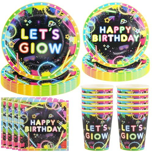 Hmfmdy Set di Stoviglie per Feste al Neon Happy Birthday, 50 pezzi di Decorazioni Colorate per Feste Luminose, stoviglie per Compleanno Luce Nera, Piatti, Bicchieri e Tovaglioli di Carta - 10 ospiti