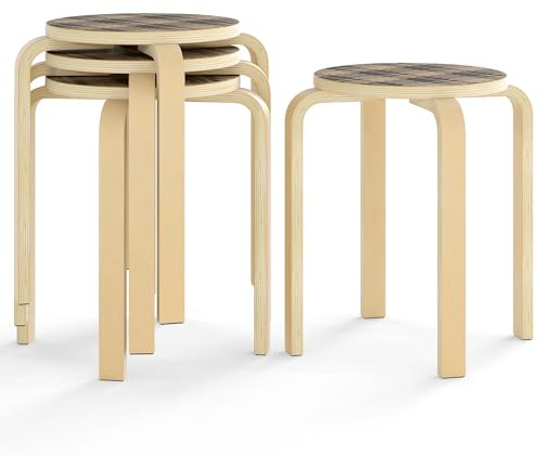 COSTWAY Stackable Bentwood Stools Set of 4, 18-Inch Height Backless Counter Chairs with Round Top, Anti-Slip Felt Pad, Portable School Stool for Dining Room, Kitchen, Classroom (Birch+Black)