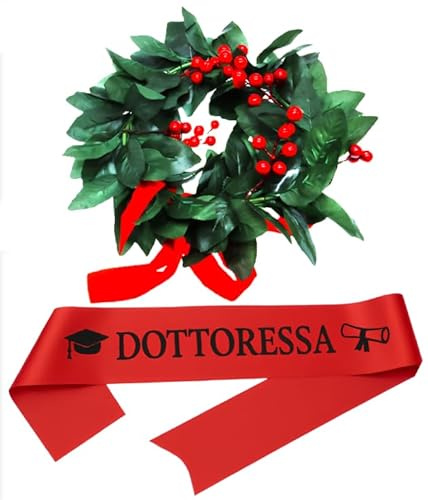 SUNLUX Corona Laurea con Fascia Rossa Dottoressa - Accessori Laurea Completi per Uomo e Donna - Festa di Laurea, Gadget e Decorazioni Eleganti