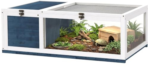 PawHut Maison pour Tortues de Terre avec Espace modulable - Habitat 2 Zones, Toit ouvrable - enclos et Cage en Bois intérieur extérieur pour Reptiles, 91x60,5x32cm, Bleu