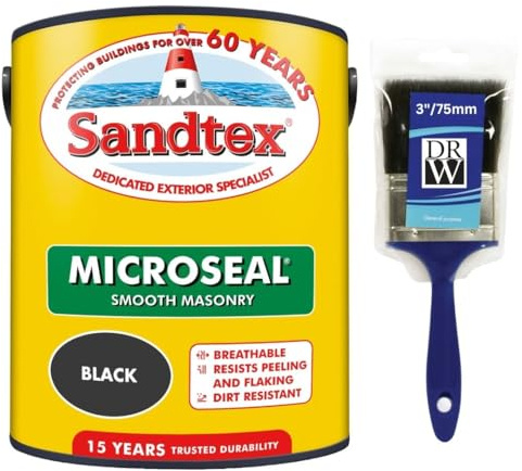 DRW Black Microseal Smooth Masonry Paint 5L+3 Brush | Exterior Wall Paint for Brick Render Concrete and Stone | Long Lasting Weather Protection | Smooth Matt Masonry Finish for Exterior Walls