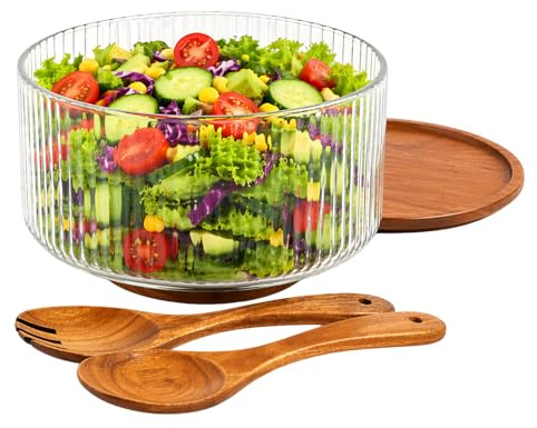 Large Glass Salad Bowl with Wood Lid + Base + Servers as Charcuterie Board Cheese Plate Oversized Serving Bowl for Family Dinners Parties Weddings Multipurpose Trifle Bowl for Salads Cakes Desserts