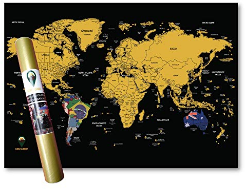 Global Walkabout skrapkarta med flaggbakgrund – deluxe resestorlek världskarta affisch – länder och fakta – resegåva (svart)