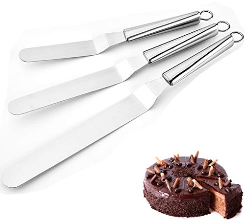 MKNZOME Premium abgewinkelte Icing Spachtel Kit, 3 Stück Professionelle Edelstahl Winkelpalette Set Kuchenmesser & Tortenmesser Icing Spatel Kit für Torten, Backen und Kuchen Dekorieren
