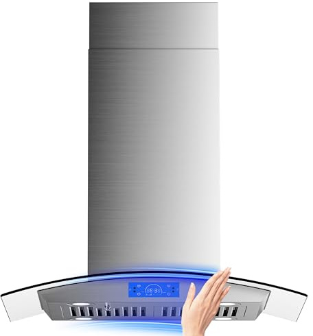 FIREGAS Island Range Hood 30 inch 700 CFM with Chimney, Ceiling Mount Kitchen Vent Hood with Tempered Glass, 4 LED Lights, Permanent Filters, Premium Touch Control Panel, Includes Charcoal Filter