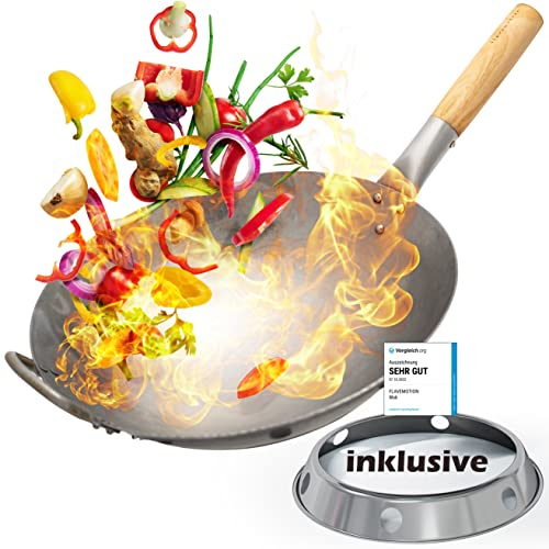 Flavemotion Wok Pfanne 36cm inkl. Wokring - Geeignet als Wokpfanne Induktion sowie für den Grill und Gasherd - Wok Pfanne aus robusten Karbonstahl - Woks & Wokpfannen, Wok Gasbrenner, Wok Induktion