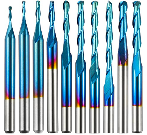 10pcs 2-Flute Nano Blue Coat Ball Nose Spiral End Mill, 1/8'' Shank, 0.8mm-2.5mm Cutting Diameter, CNC Router Bits for Wood Working Acrylic MDF PVC ABS, BN10A