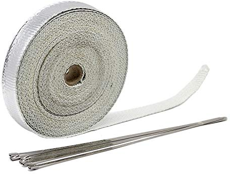 FMingNian Mn-Parts 1 Set 25 mm x 5/10/15 m Titan-Auspuff-Wärmedämmungsrolle für Motorrad-Fiberglas-Hitzeschutzband mit Edelstahlbändern (Größe : 15 m Silber)