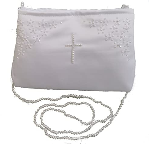 LadyMYP© Brauttasche/Brautbeutel/Handtasche mit Perlen-Blümchen und Perlen in Kreuzform mit Perlenkette für Hochzeit Kommunion weiß/ivory NEU (weiß LB)