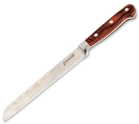pasoli Professionelles Brotmesser - Edelstahl mit Wellenschliff, Klingenschutz und Holzgriff - rasiermesserscharfes Werkzeug zum Schneiden von Lebensmitteln - 20cm, solider 7CR17 Kern