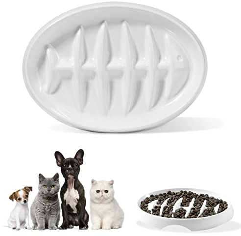 Cat Slow Feeder Bowl, Anti-Gulping Puzzle Feeder Bowl, Non-Slip Fishbone Design Dry Wet Food Bowl For Cat and Puppy (White)