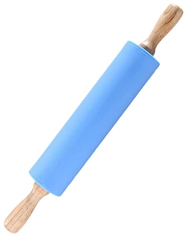 Mattarello in silicone da cucina, rullo per impasto liscio antiaderente in legno girevole per biscotti in rilievo per uso cucina, cottura, bambini (blu)