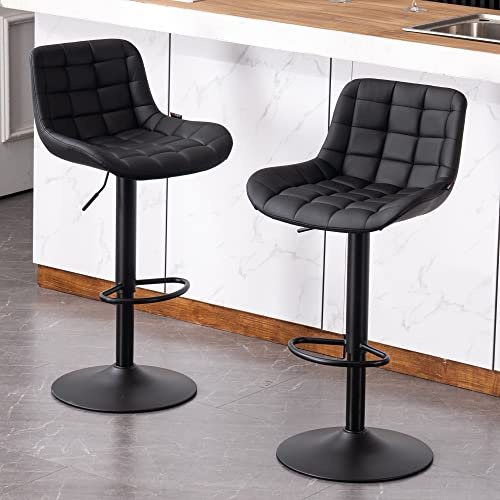 YOUTASTE Barhocker 2er Set, Höhenverstellbar Barstuhl mit Lehne, 360° Drehstuhl mit Kunstleder und Weiches Sitzkissen, Küchenstühle, Schwarz (Quadratisch)