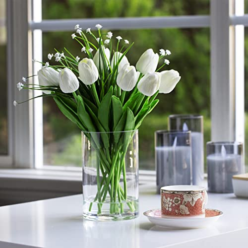 ENOVA FLORAL 18 Köpfe Künstliche Tulpen Blumen fühlen sich echt an in Vase, künstliche Blumen mit Kunstwasser in Glasvase für Esstisch, Hochzeitsveranstaltung (Weiß)