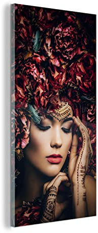 MuchoWow Glasbild Glasfoto Wandbild Bilder Deko 40x80 cm Frau - Blumen - Henna - Porträt