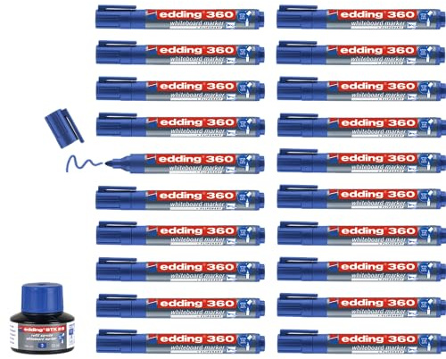 Edding 360 Whiteboard-Marker – Blau – Nachfüllbox mit 20 Stiften – runde Spitze 1,5 – 3 mm – löschbarer Filzstift – für Whiteboards, Memo und Konferenzstaffelei – nachfüllbar